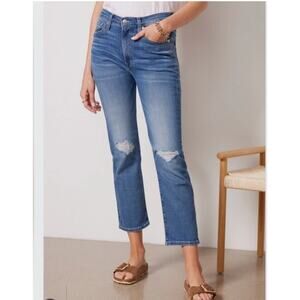 NWT Womens Edwin Elin Crop Straight-Leg, High Waist Distressed Blue Jeans Sz 31